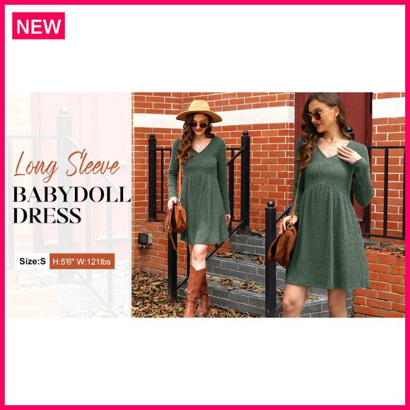 Long Sleeve V Neck Sweater Dress Empire Waist Babydoll with Pockets - Picture 7 of 7